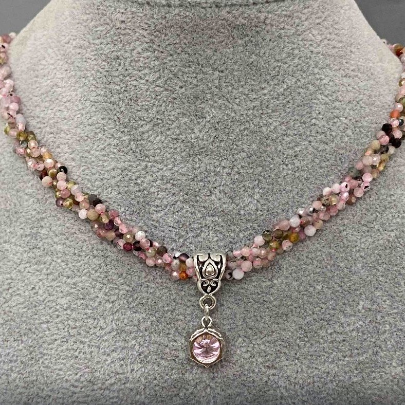 Tourmaline Bead Choker Cord with Faceted Bead 2mm, Width 6.5mm, Length 35mm, Extender Chain 5cm, Pink Crystal Pendant