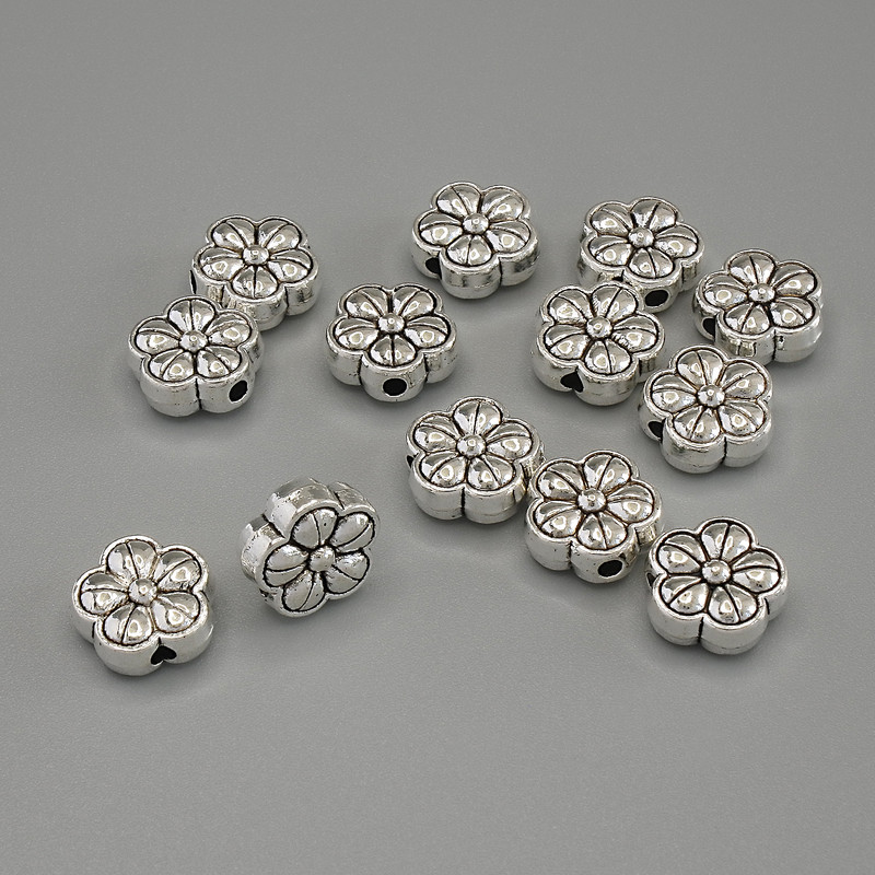 Flower Bead Insert, silver metal color, diameter 10×4.5 mm, hole diameter ~2 mm, packaging 20 g (~13 pcs)
