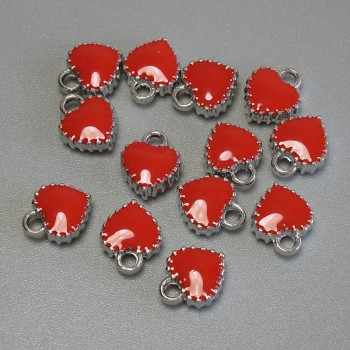 Pendant Heart red enamel silvery metal, diameter 7x8 mm +/- pack of 13 pcs
