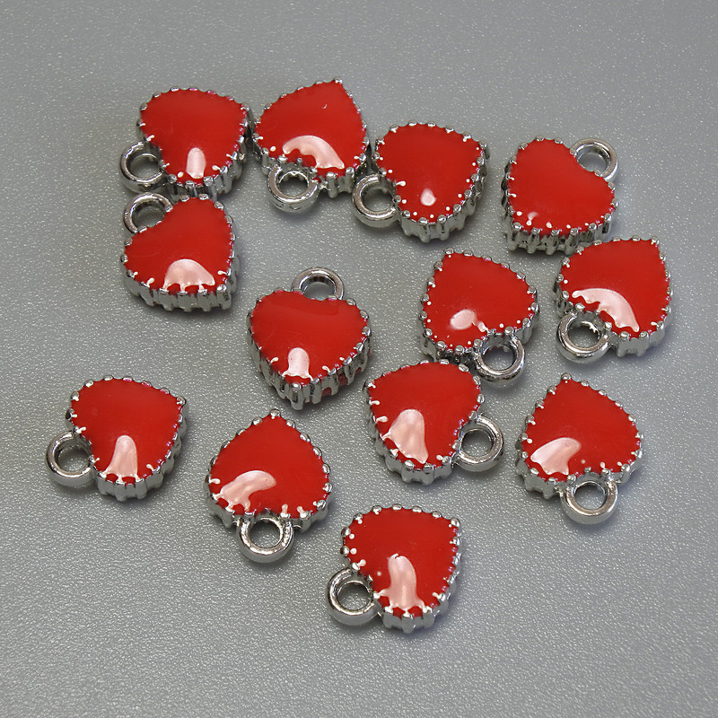 Pendant Heart red enamel silvery metal, diameter 7x8 mm +/- pack of 13 pcs