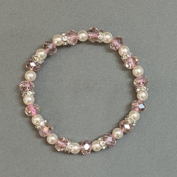 Bracelet with Czech crystal rondelles, diameter 8x6 mm, imitation pearl bead 6 mm, with metal inserts, elastic length about 18 mm