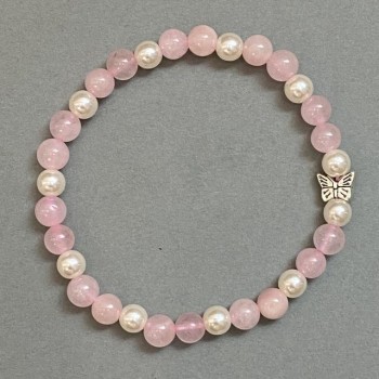 Bracelet Pink Quartz and Pearls (Imitation) Smooth Bead 6mm ± with Metal Insert, Length 18mm ± Stretch
