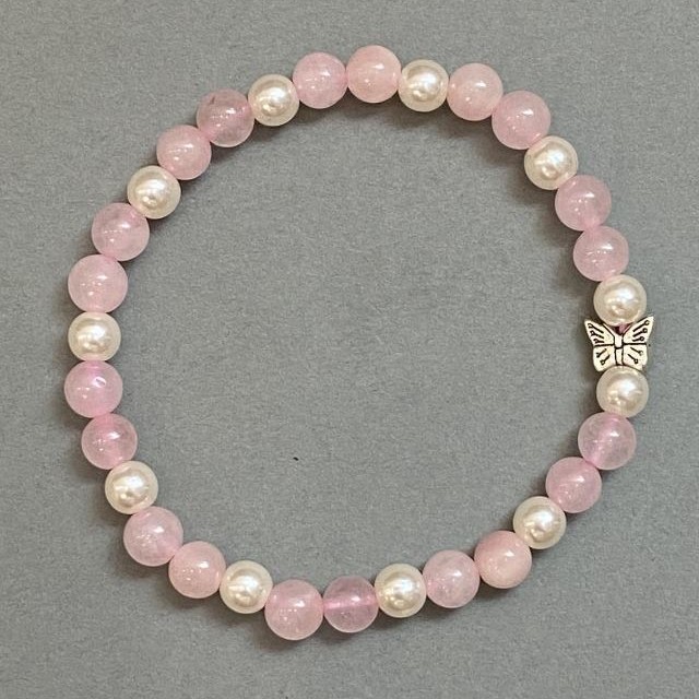 Bracelet Pink Quartz and Pearls (Imitation) Smooth Bead 6mm ± with Metal Insert, Length 18mm ± Stretch