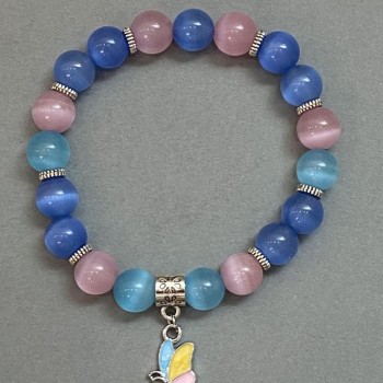 Cat's Eye Bracelet with Smooth Beads 9–10 mm, with Metal Inlays, Stretch