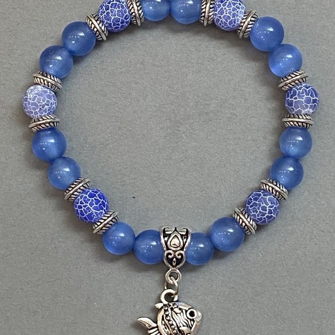 Bracelet with Aquamarine and Frosted Agate Beads, 8mm ±, with Metal Inlays, Length 18 cm ± Stretch