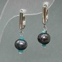 Earrings with graphite-colored freshwater pearls, diameter 9×7.5 mm, Variscite cube 2.5 mm, length 28 mm