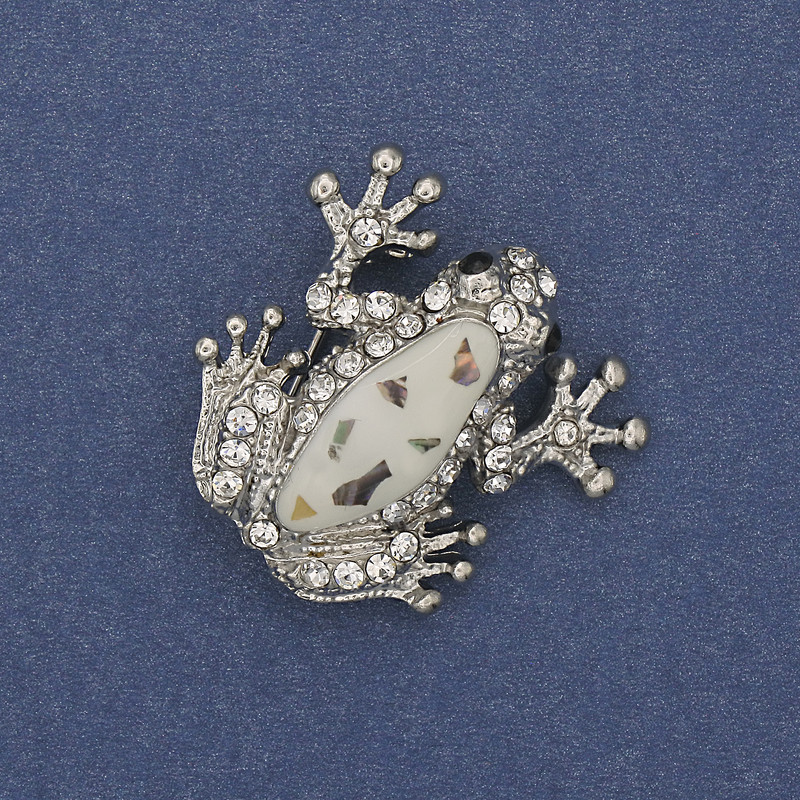 Frog Halite brooch-pendant with white enamel, white rhinestones, silver-tone metal, 28x28 mm+