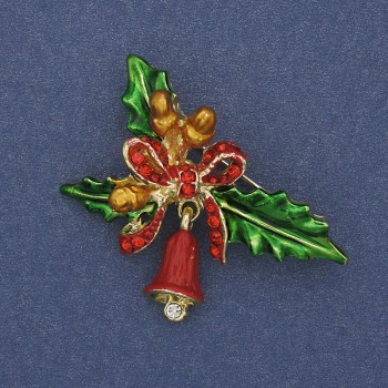 Brooch 'Twig with Bow and Bell' enamel crystals gold-tone metal 44×30mm+