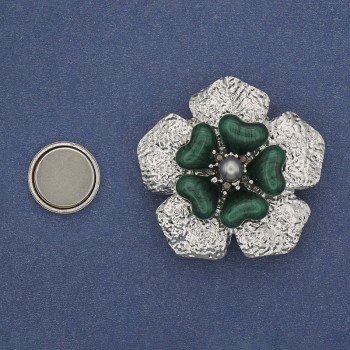 Magnetic Brooch Green Flower Enamel Pearl Silver Metal 38mm+