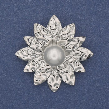 Flower Pearl Brooch Pendant Silvery Metal 40mm+
