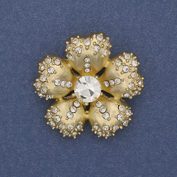Flower Brooch with White Crystals on Gold-Tone Metal 33mm+