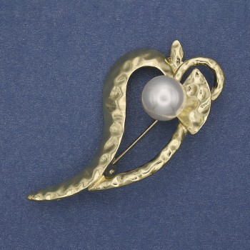 Brooch Accent Leaf with Pearl, Golden Metal 62x31mm+