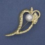 Brooch Accent Leaf with Pearl, Golden Metal 62x31mm+