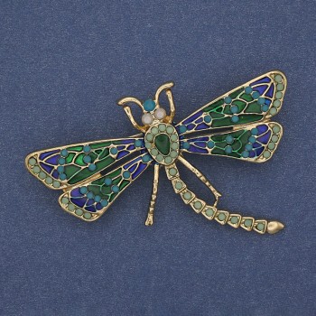 Brooch 'Butterfly' green and blue enamel with lime rhinestones, gold-tone metal 57x39mm+