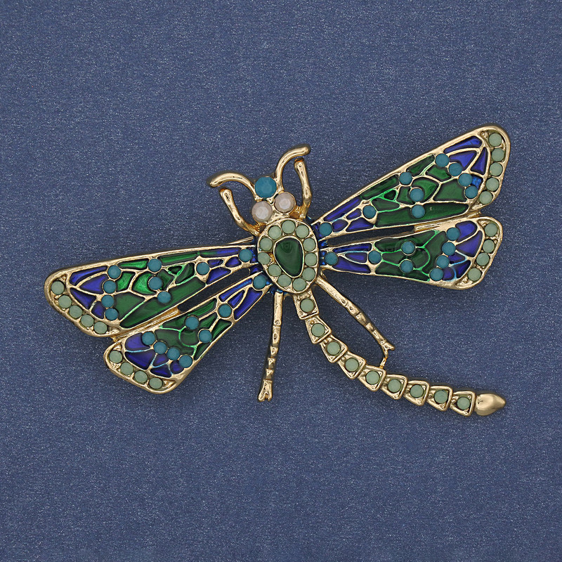 Brooch 'Butterfly' green and blue enamel with lime rhinestones, gold-tone metal 57x39mm+