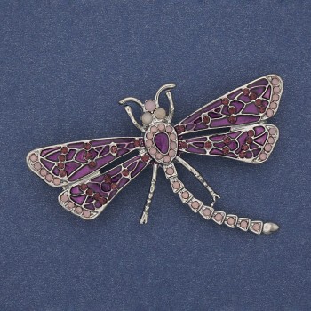 Butterfly Brooch, purple enamel, pink rhinestones, silver-tone metal, 57x39mm+