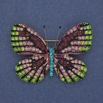 Butterfly brooch pendant with colorful rhinestones, gold-tone metal, 50x39mm+