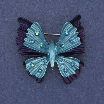 Butterfly Brooch-Pendant Purple-Blue Enamel Rainbow Crystals Silver-Tone Metal 39x42mm+