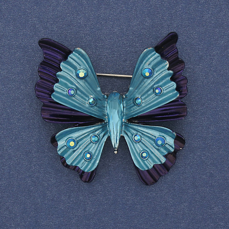 Butterfly Brooch-Pendant Purple-Blue Enamel Rainbow Crystals Silver-Tone Metal 39x42mm+