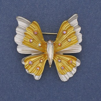 Butterfly brooch pendant, white and yellow enamel, iridescent crystals, gold-tone metal 39x42mm+