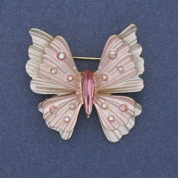 Butterfly Brooch Pendant with White and Pink Enamel, Rainbow Crystals, Gold-Tone Metal, 39x42 mm+