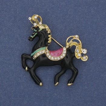 Horse Brooch, black enamel, white crystals, gold-tone metal, 39x40mm+