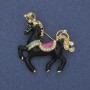 Horse Brooch, black enamel, white crystals, gold-tone metal, 39x40mm+