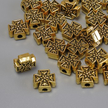 Bead-insert Cross Findings, Gold-tone, 8×8×3.5 mm, hole 2 mm, packaging 20 g (~25 pcs)