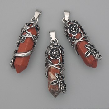 Pendant: Red Jasper - Hexagon with Flower, 35x15 mm, Length 44 mm
