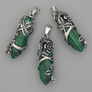 Malachite Hexagonal Pendant with Flower 35x15 mm, length 44 mm