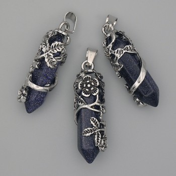 Aventurine Pendant 'Night of Cairo' Hexagon with Flower, 35x15 mm, length 44 mm