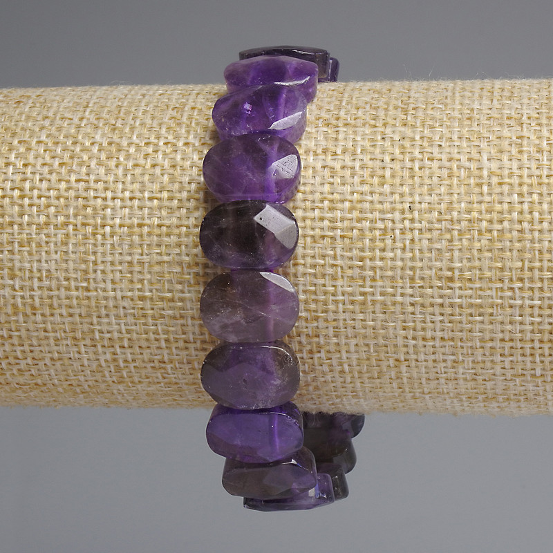 Amethyst bracelet with faceted rounded links, 14×10 mm diameter, 18 cm length, stretch