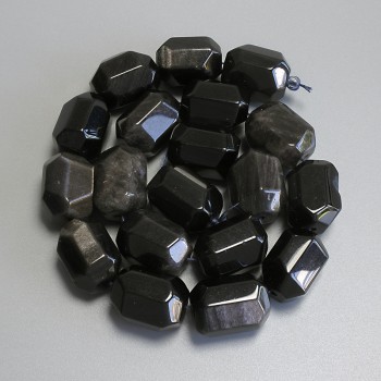 Faceted Silver Obsidian Beads, 20×14 mm diameter, on thread, 38 cm length