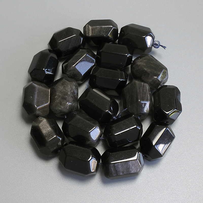 Faceted Silver Obsidian Beads, 20×14 mm diameter, on thread, 38 cm length