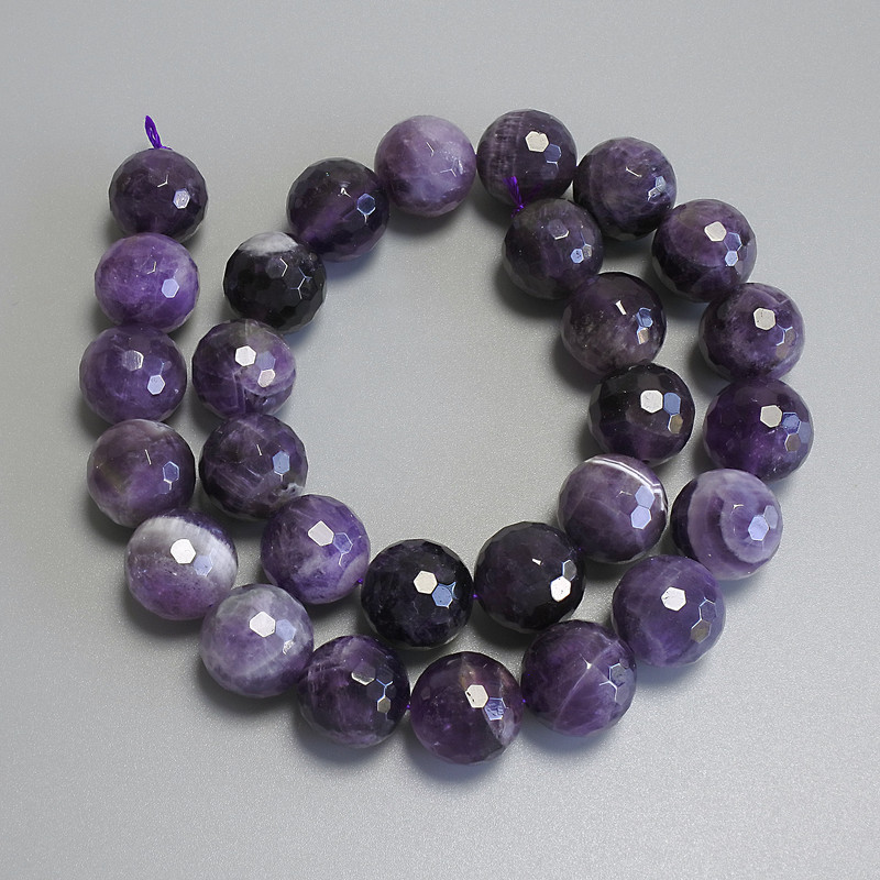 Amethyst Beads, Faceted Balls, 14 mm Diameter ± on Thread, Length 39 cm+