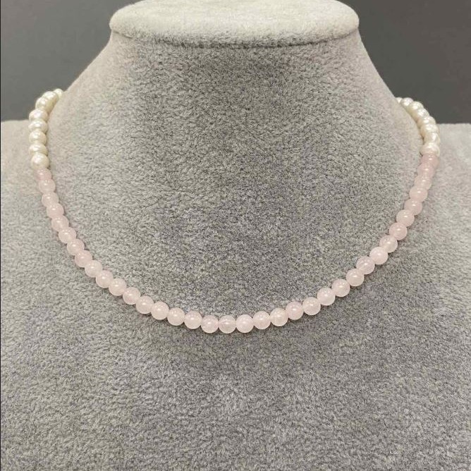 Choker with Freshwater Pearls, diameter 5.5 mm, Pink Quartz Bead 4.5 mm, length 42 cm, Toggle Clasp with Pendant