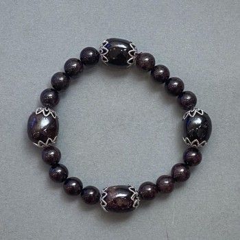 Garnet bead bracelet with metal inserts, 14x12 mm beads, 8 mm beads, length 18 cm (stretch)