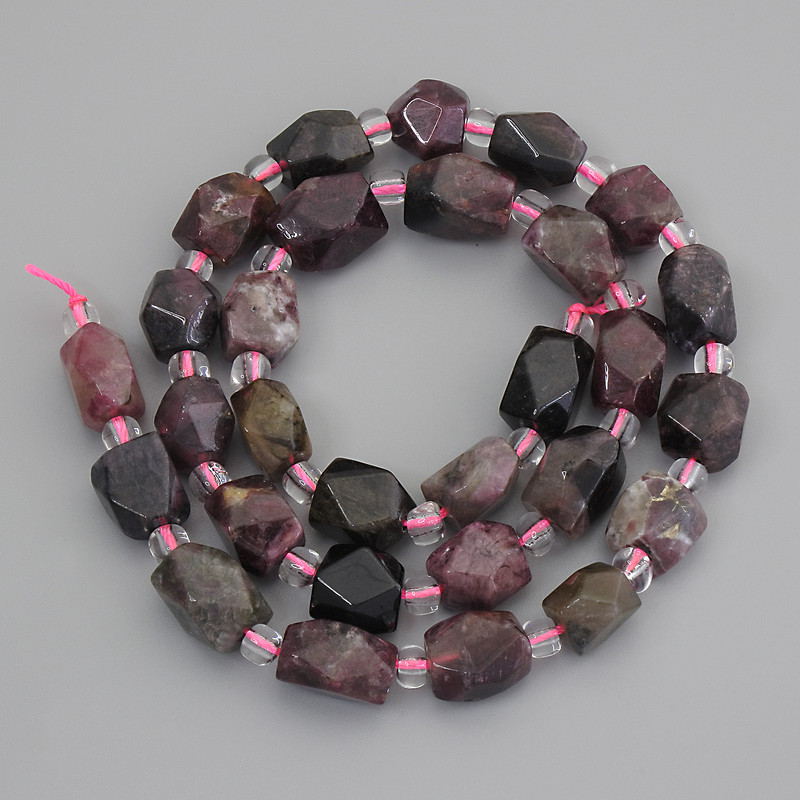 Tourmaline Beads, Faceted, Diameter 9-12×6-9 mm ± Seed Beads 4 mm ± on Thread, Length 39 cm+