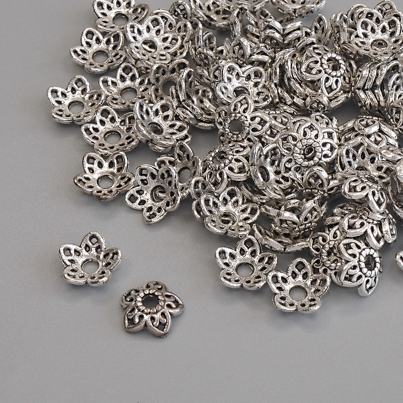 Bead caps for beads, silver-tone metal, diameter 7.5×1 mm, hole diameter 1.8 mm, packaging 20 g (~91 pcs)