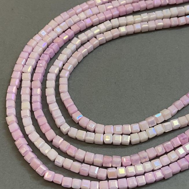 Beads Czech Crystal Pink Multicolor with Petrol Finish on Thread, Faceted Cube, Diameter 4x4 mm + -, Length 38 cm +