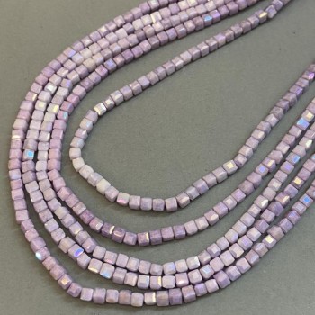 Purple Czech Crystal Beads with Gasoline Finish on Thread, Faceted Cube, Diameter 4x4 mm + -, Length 38 cm +