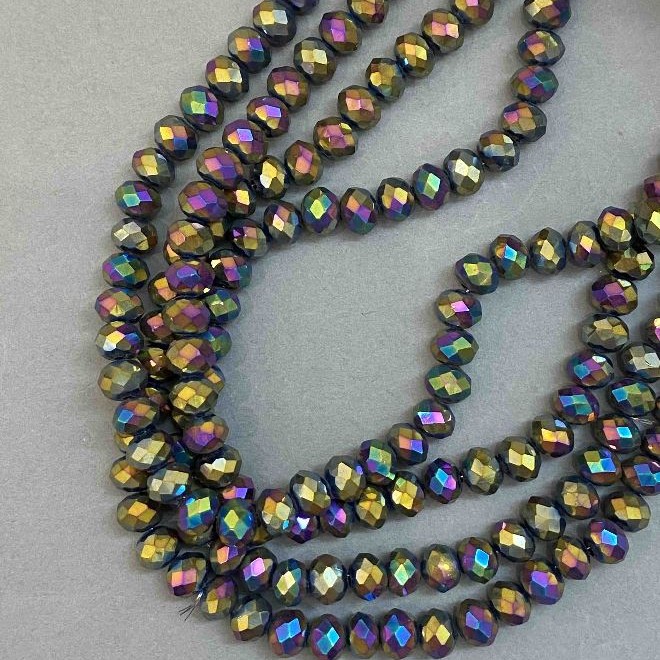 Czech Crystal Beads on Beading Thread Multicolor with Gasoline Finish, Faceted Rondelle, diameter 8x6 mm + -, length 39 cm +
