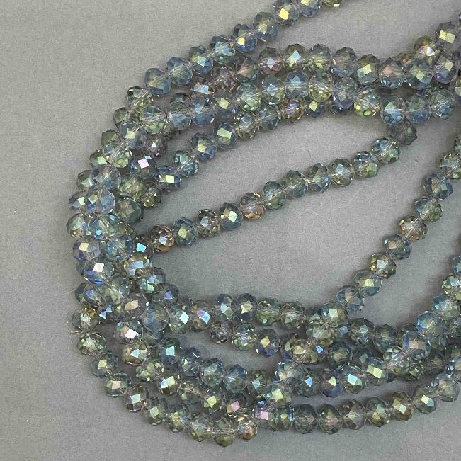 Beads Czech Crystal on thread gray transparent with gasoline coating faceted rondelle, diameter 8x6mm + -, length 38cm +
