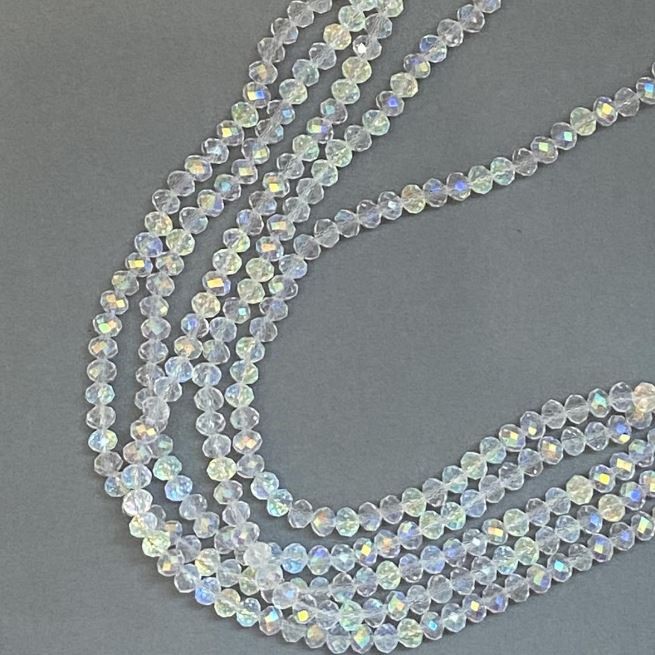Beads Czech Crystal on thread, white transparent with gasoline-coated finish, faceted rondelle, diameter 6x5 mm, length 39 cm +/-