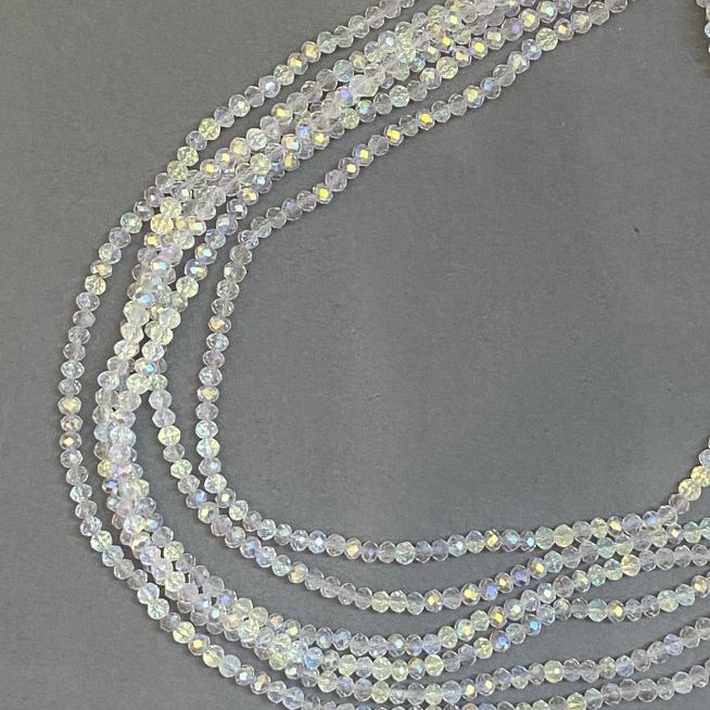 Czech Crystal Beads on Fishing Line, White Transparent with Gasoline Spray Finish, Faceted Rondelle, Diameter 3.5x3 mm +/-, Length 33 cm +/-