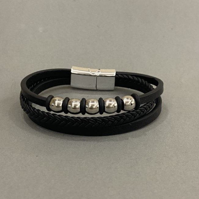 Men's black eco-leather bracelet with metal inlays, 12mm thick, 22cm long, silver-colored metal on the clasp
