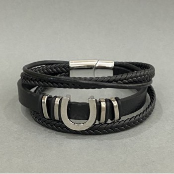 Men's eco-leather bracelet in black with metal inserts, about 12 mm thick, 22 cm long, silver-colored metal on the clasp