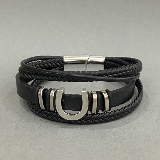 Men's eco-leather bracelet in black with metal inserts, about 12 mm thick, 22 cm long, silver-colored metal on the clasp
