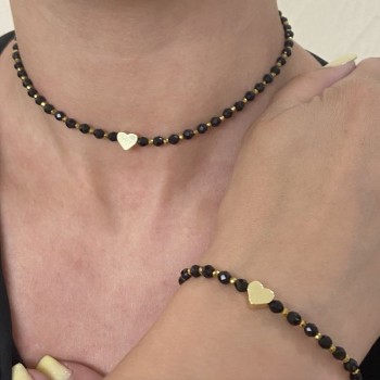 Jewelry set 'Heart' choker and bracelet made of black agate and golden hematite, sizes are adjustable