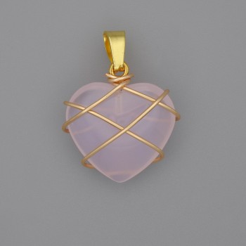 Pendant 'Heart in a Weave' Pink Quartz 21x21 mm, 30 mm diameter